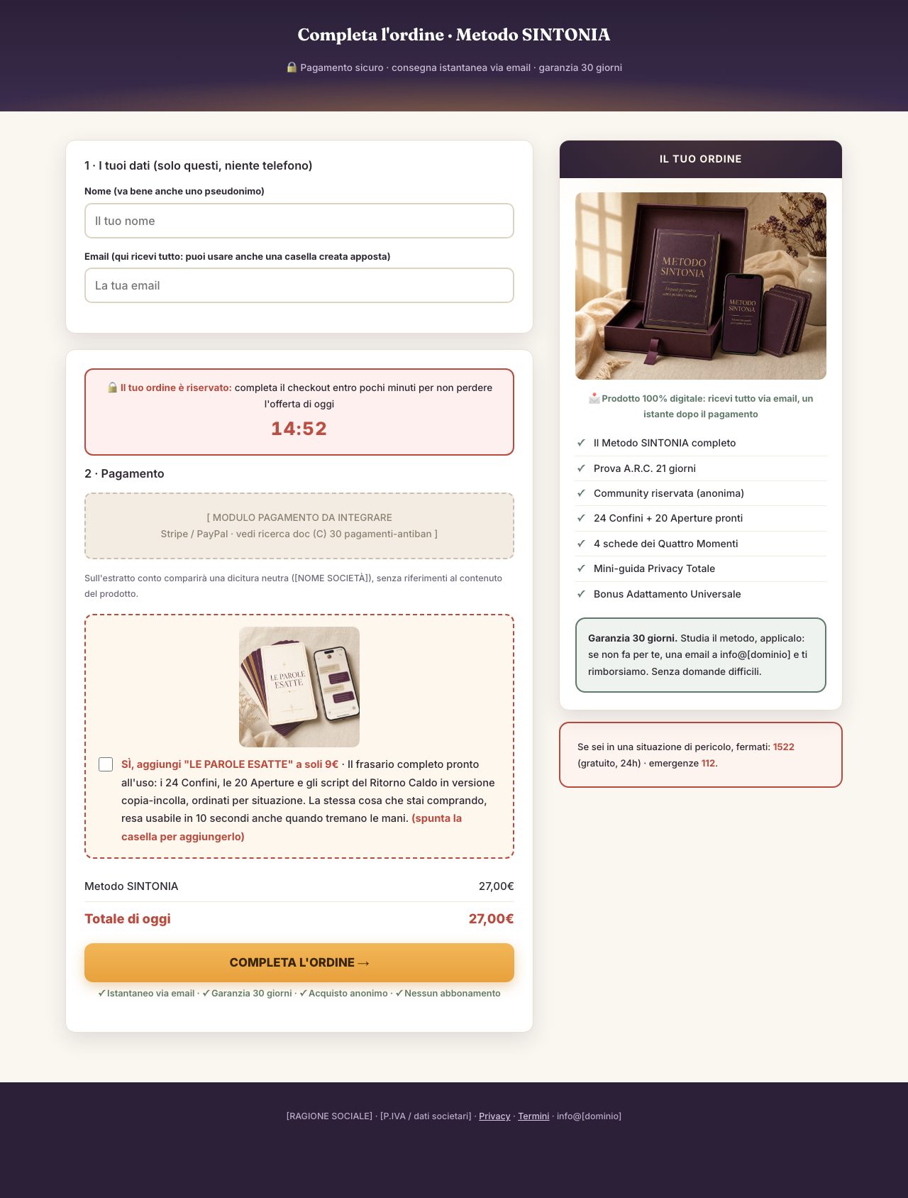 Il checkout con l'order bump